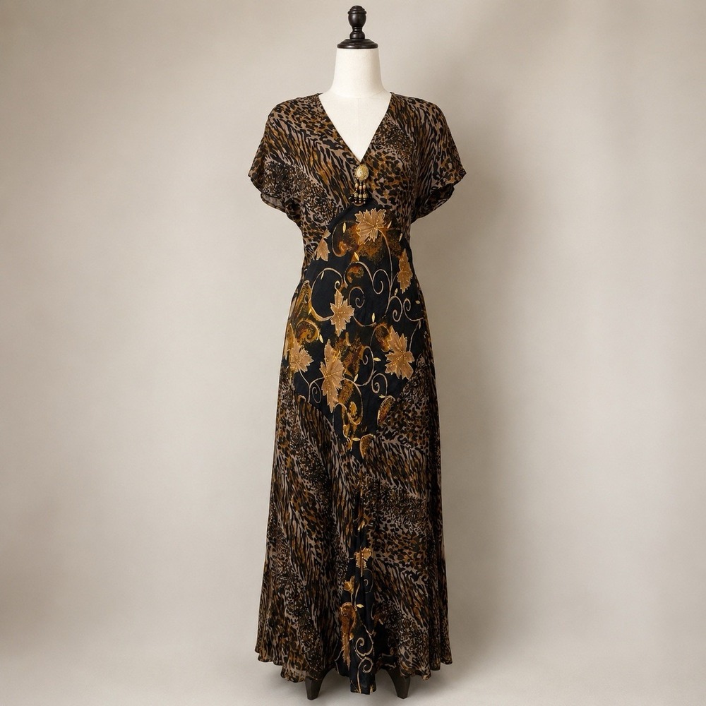 Vtg Y2k Mixed Print Maxi Dress Sz 8P Beaded Animal Print Leaves Whimsigoth 90s